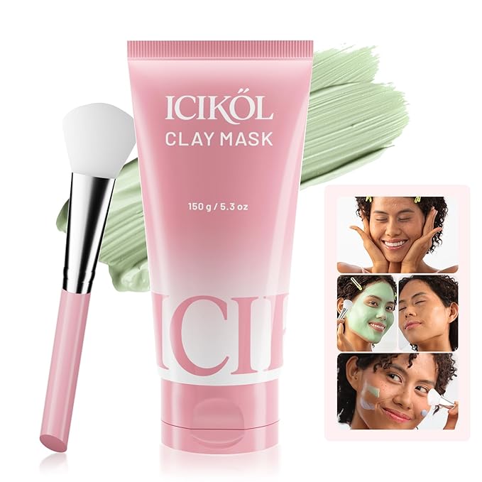 Deep Cleansing Green Clay Mask for Face with Marine Mineralt, Repair Mud Mask to Balance Oil and Moisture, Minimize Blackheads, Soothing Care Pore Cleansing Mask with Brush