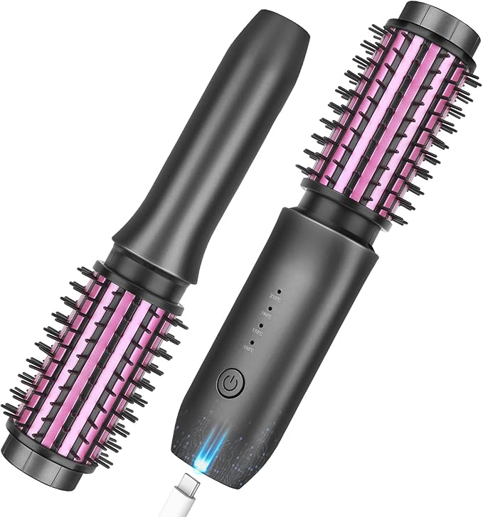 Cordless Curling Iron Brush, 2024 New Portable Travel Curling Iron Mini Brush for Women, 7000Mah USB Rechargeable Curling Wand Brush with Negative Ion, Gray