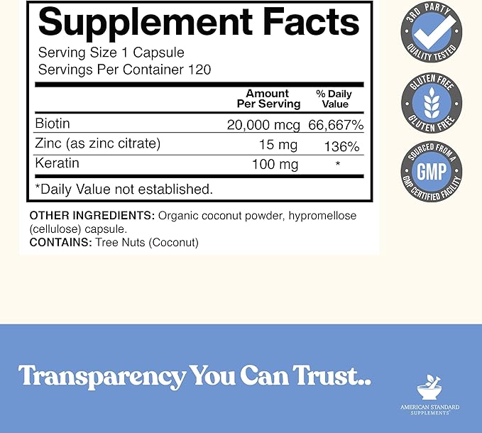 American Standard Supplements Biotin 20,000mcg with Keratin, Coconut Powder and Zinc, Biotin Supplement for Women and Men,120 Veggie Capsules, 120 Day Supply