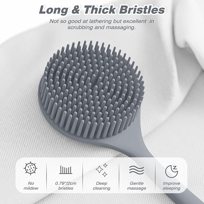 Manmihealth Silicone Back Scrubber(Thick Bristles) & Soft Bath Glove Set, Super-Exfoliating Body Scrubber & Super-Lathering Shower Brush Combination, with a Free Hook.(Gray)