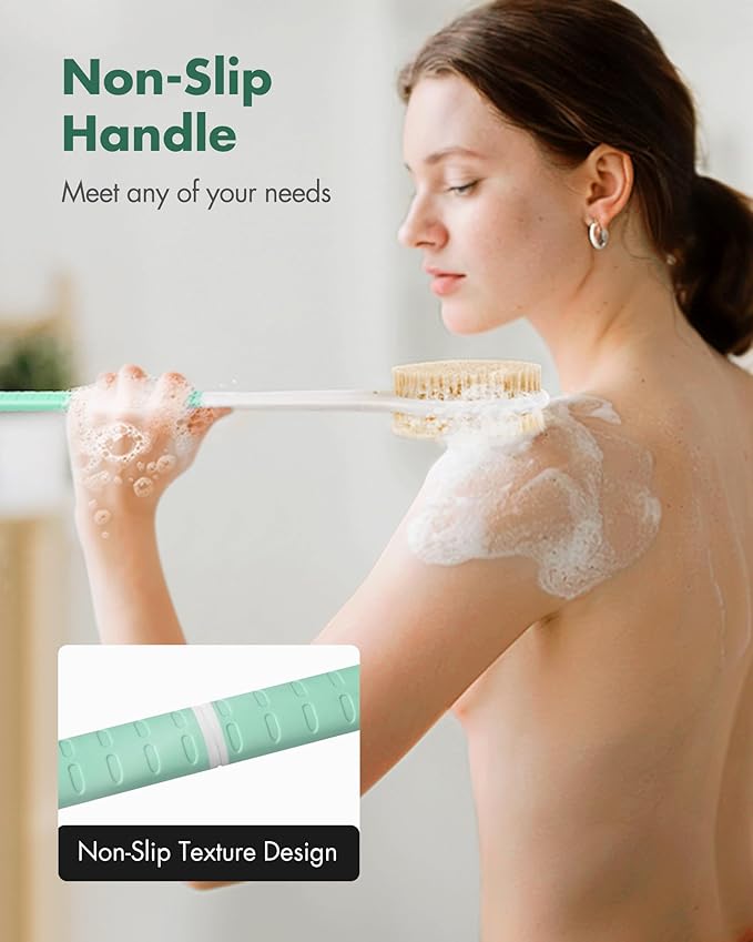 Back Scrubber Body Shower Brush: Anti Slip Long Handle Bath Brush with Stiff and Soft Bristles - Showering Exfoliator Wet or Dry Brushing for Women, Men, Elderly (Mint Green)