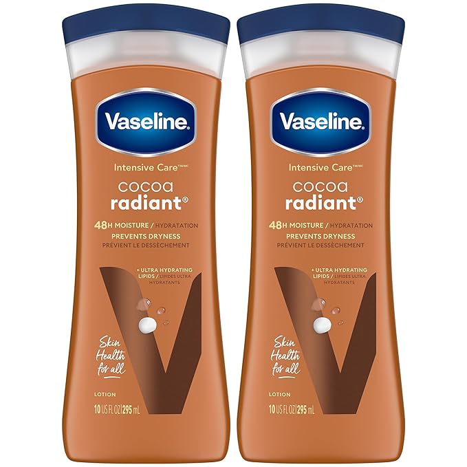 Vaseline Cocoa Radiant 2-Pack – Intensive Care Moisturizing Hand and Body Lotion with Ultra-Hydrating Lipids, Pure Cocoa Butter, 10 Oz Ea