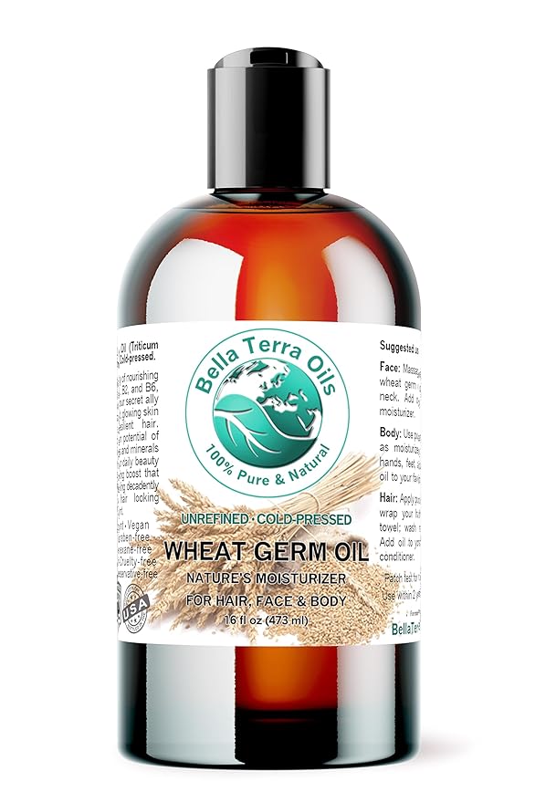 Bella Terra Oils - Organic Wheat Germ Oil 16 oz - Revive Your Radiance with High Vitamin E Infusion, Sublime Face Oil Rich in Essential Vitamins