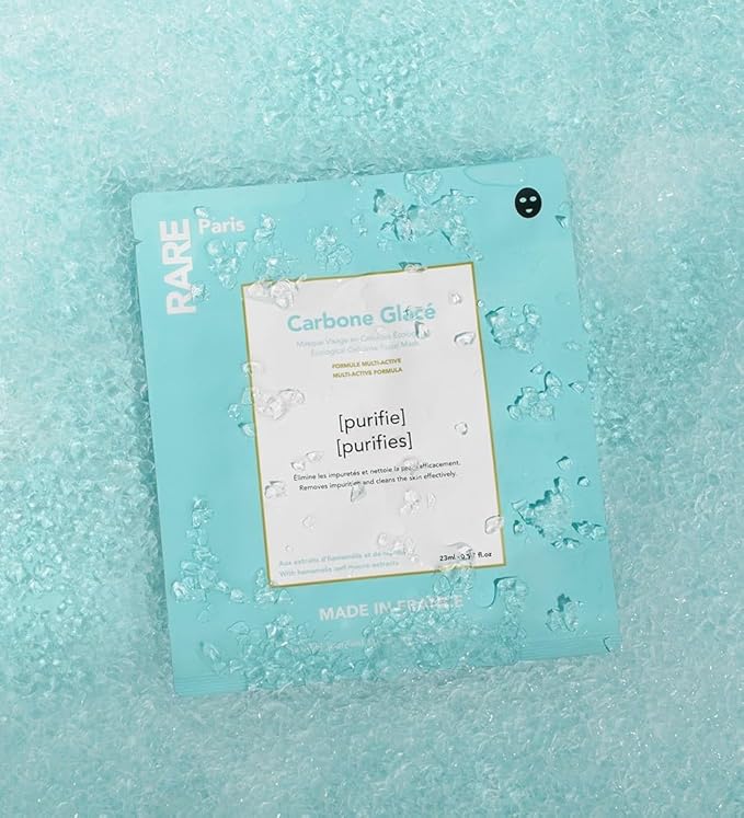 RARE Paris - Carbone Glacé - Purifying Carbon Black Facial Sheet Mask - Cleanses & Tightens - With Hamamelis & Mallow - Purifying, Firming & Revitalizing - Multi-Active Serum Formula - 1 Pack