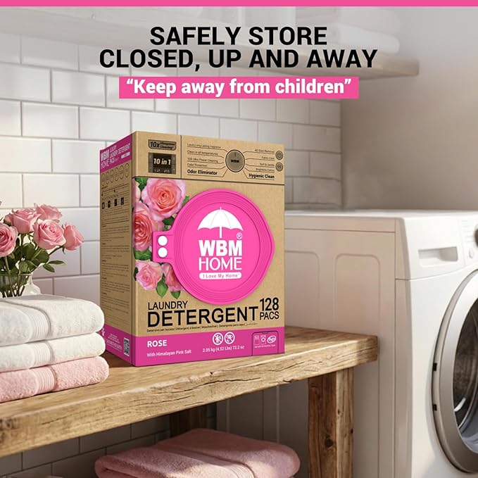 WBM 10-in-1 Laundry Pods, Total 128 Count, High Efficiency, Ultra Concentrate with Powerful Stain Lifter Technology, Fabric Softener With Rose Extracts, Detergent Pods