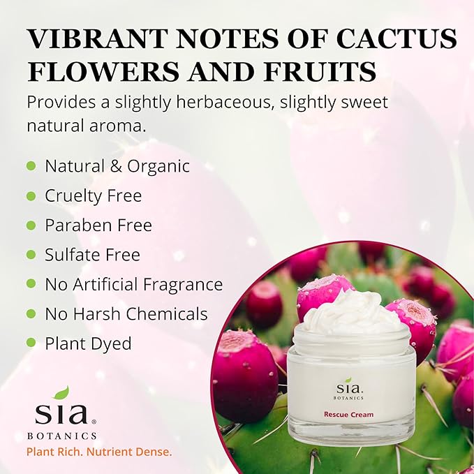 Sia Botanics Rescue Face Cream (65g/2.3oz Glass Jar) | Facial Moisturizer w/Prickly Pear Cactus, Aloe Vera, Green Tea Extract | Natural, Clean, Botanical Skincare for Women