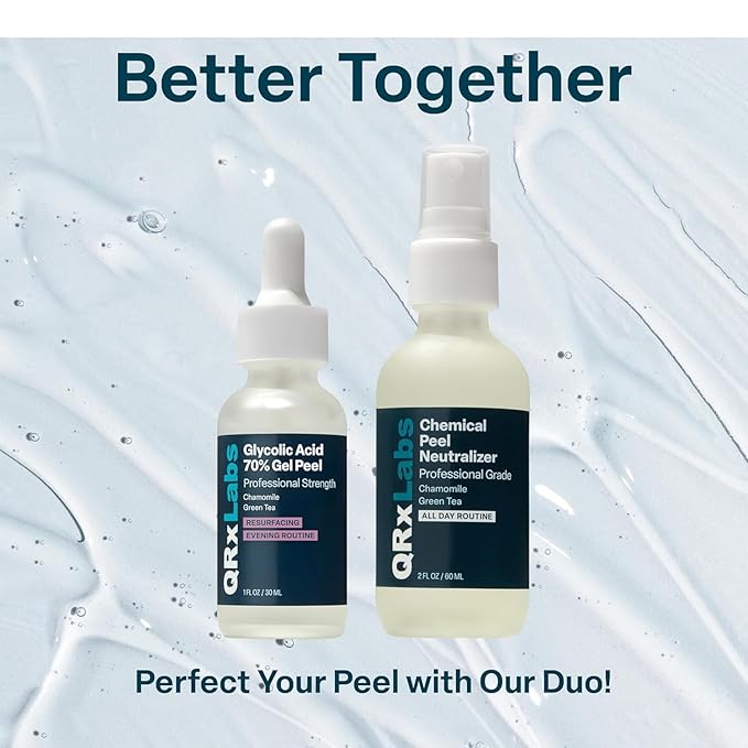 QRxLabs 70% Glycolic Acid Gel Peel & Neutralizer Set - Professional-grade skincare for acne, wrinkles, collagen boost - 1 fl oz & 2 fl oz bottles