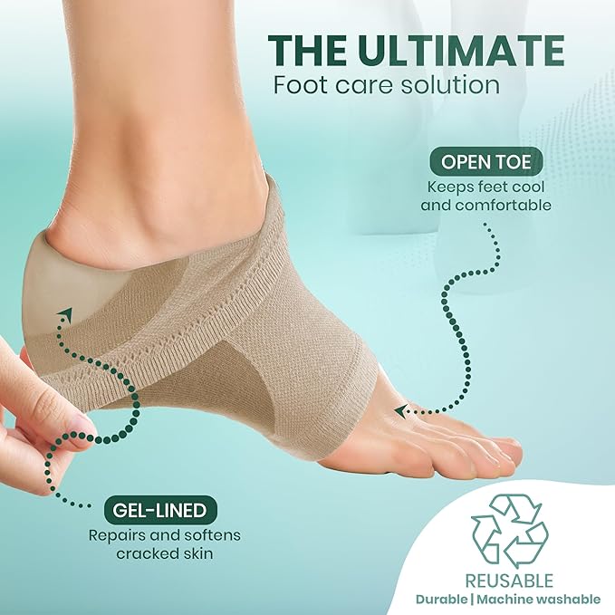 Moisturizing Heel Socks for Cracked Heels - Gel Socks for Dry Cracked Feet Repair - Silicone Socks for Women’s Foot Treatment & Overnight Hydration (Beige, 2-Pair)