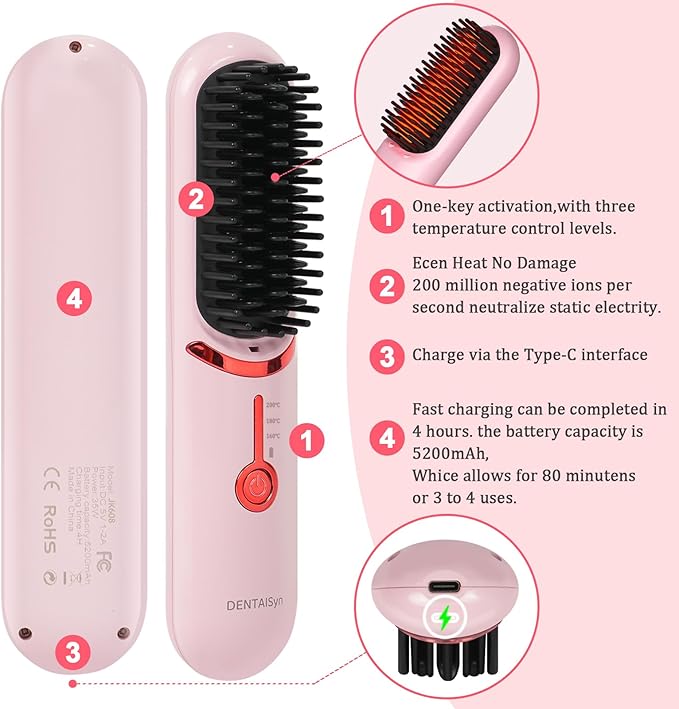 Cordless Hair Straightener Brush - Portable Hair Brush for Travel - 30s Fast Heating - Portable Straightening Brush for Travel, Mini Hot Straightening Comb for Women