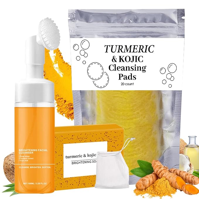 Turmeric Wash and Care Three Piece Set,Tuemeric Facial Cleanser & Turmeric Soap Bar & Turmeric Face Scrub Pads,Turmeric Cleansing Skincare Set for Face & Body, Deep Cleansing