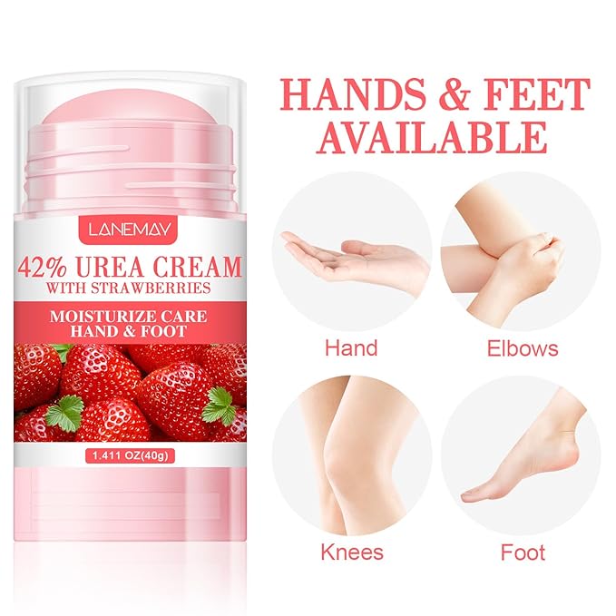 42% Urea Cream Moisturizer plus Strawberry for Dry Cracked Feet Knees Elbows Hands Hydrates & Nourish Foot Care for Softens Exfoliates Dead Skin Smoothing Skin, 1.41Oz