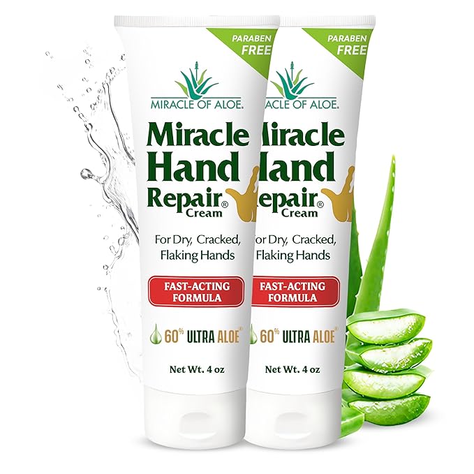 Miracle Hand Repair Cream for Dry Cracked Hands 4 oz Best Healing Hand Cream with 60% Aloe Vera - Non-Greasy Moisturizer for Working Hands - Fast Absorbing Lotion for Extremely Dry Skin (2-Pack)