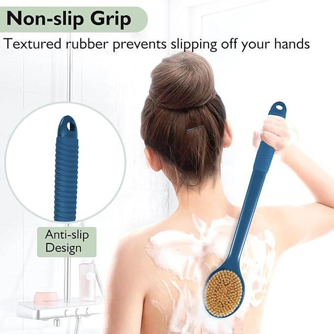 VANZAVANZU 17 Inch Anti-Slip Long Handle Back Scrubber for Shower – Dual-Sided Shower Brush and Shower Back Scrubber with Soft and Stiff Bristles for Wet or Dry Brushing (Navy Blue)