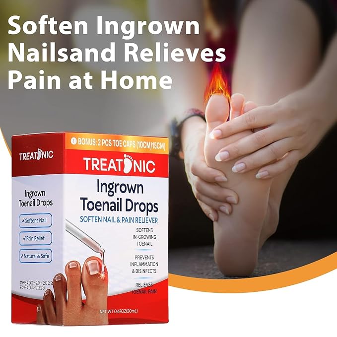 Treatonic Ingrown Toenail Treatment Drops - Ingrown Toenail Softener and Reliever Kit for Easy Trimming with Silicone Gel Toe Caps - 2 Pack