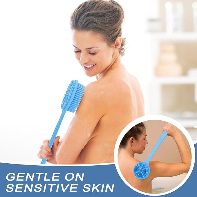 Generic Silicone Bath Brush Long Handle Double Sided Soft Hair Bath Scrub Massage Brush Lazy Back Rubbing Artifact Thickened Body Brush, Blue