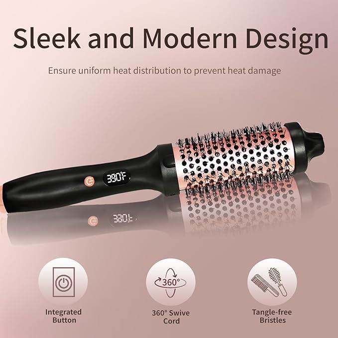 Thermal Brush, Heated Round Brush, Negative lon Heated Curling Brush 1.5 Inch, 3 Temp Settings,15s Heating, Dual Voltage Rose Gold Update Ceramic Tourmaline