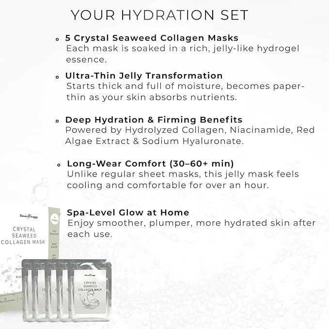 Crystal Seaweed Bio-Collagen Sheet Mask – Hydrating, Brightening & Firming Face Masks with Niacinamide, Korean Skincare Formula (5 Pack)