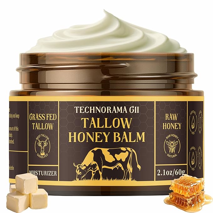 Beef Tallow for Skin，Natural Grass-Fed Beef Tallow and Honey Balm for Face & Body，Whipped Moisturizer for Most Skin Types and Sensitive Skin(60g/2.1oz)