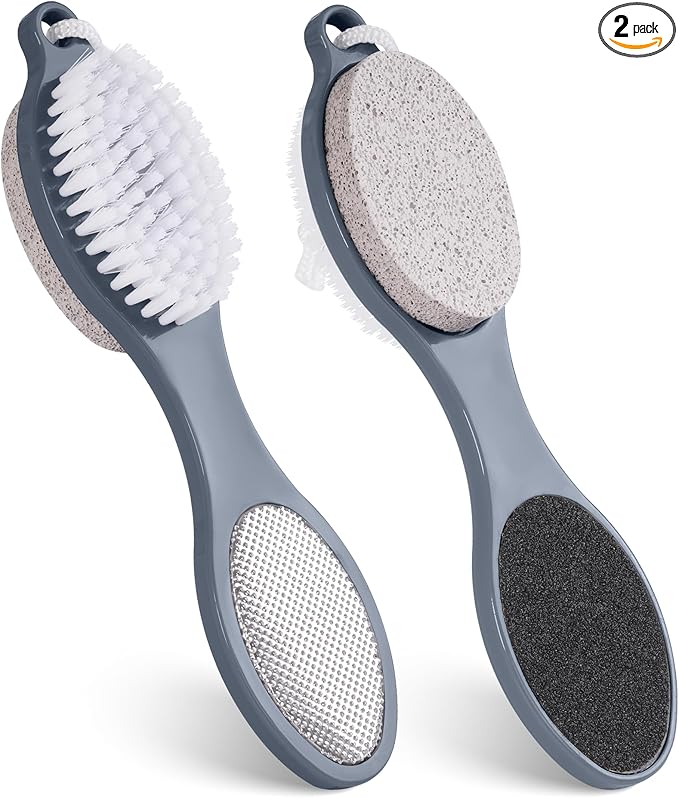 2 Pcs 4 in 1 Foot Brush for Use in Shower with Pumice Stone, Foot Rasp and Sandpaper, Foot Scrubber Brush for Feet, Dead Skin Remover for Foot Care