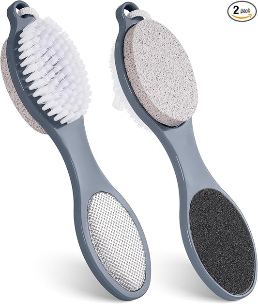 2 Pcs 4 in 1 Foot Brush for Use in Shower with Pumice Stone, Foot Rasp and Sandpaper, Foot Scrubber Brush for Feet, Dead Skin Remover for Foot Care