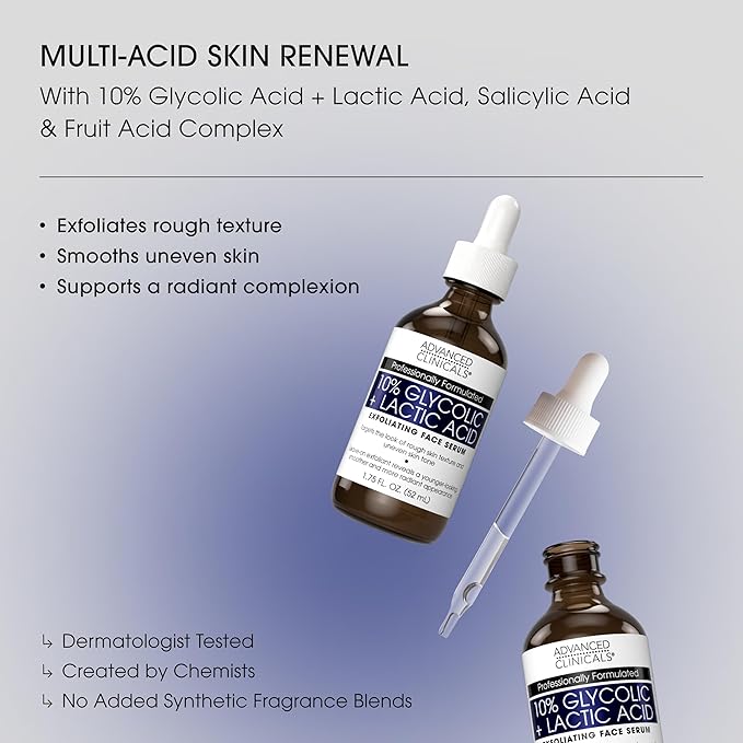Advanced Clinicals Exfoliating 10% Glycolic Acid Serum For Face + Lactic Acid | Facial Exfoliant AHA + Salicylic Acid Serum To Improve Look Of Large Pores, Uneven Skin Tone, & Dark Spots, 1.75 FL Oz