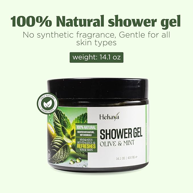 Hekaya Olive Oil & Mint Shower Gel – 14 oz | Natural Body Wash for Dry Skin | Hydrating & Moisturizing | Natural Body Wash for Women & Men | Daily Use.