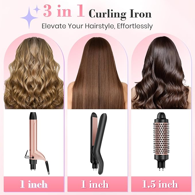 Ufree 3 in 1 Curling Iron, Curling Wand Set with Thermal Brush Flat Iron Hair Straightener, Dual Voltage Wand Curler, Instant Heat Up Hair Curler, Include Protective Glove 2 Clips, Gifts for Women