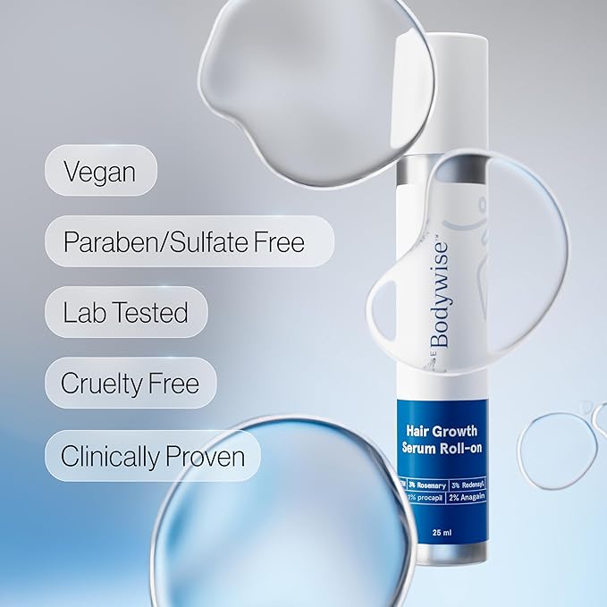 Be Bodywise Rosemary Hair Growth Serum Roll On 50 ml – 3% Rosemary, 3% Redensyl & 2% Anagain | DHT-Blocking Scalp Serum Boosts Oxygen Flow, Reduces Hair Fall | Paraben/Sulfate-Free | Women & Men