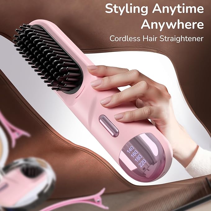 Go Brush Pro 2025 Hair Straightener Brush 300 Million Negative Ionic Portable Cordless Hair Straightener for Women with 4 Temps Fast Heating MCH Ceramic Coating Smooth Frizz - Free Hair Gift for Women