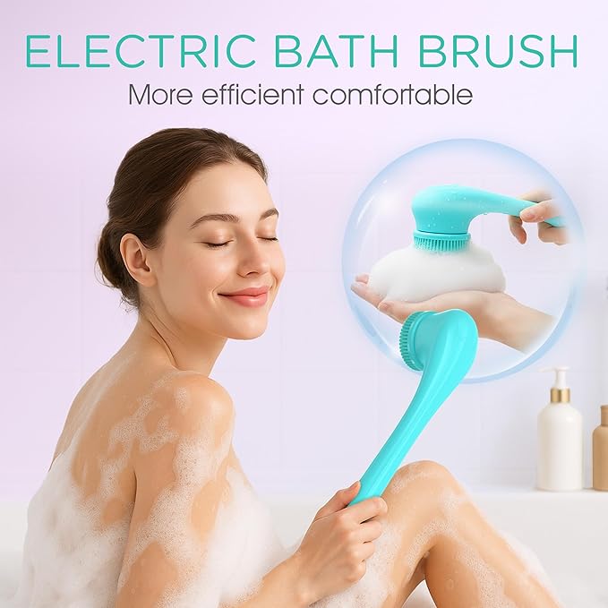 VOYOR Electric Body Brush Back Scrubber Silicone Body Scrubber Two-Way Rotating Brush Head for Deep Cleaning, Exfoliation, 4 Attachments Long Handle IPX6 Rechargeable Shower Brush BC300 (Blue)