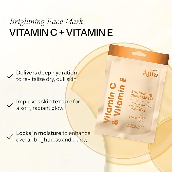 Face Sheet Mask with Vitamin C & E - Dermatologist Tested Korean Beauty Mask for Brightening & Deep Hydration - Premium Facial Treatment for Glowing & Rejuvenated Skin - 5 Pack