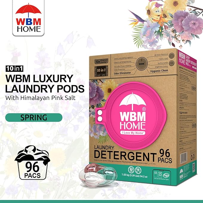 WBM Home Laundry Detergent Pods, Spring Fragrance Scent, 96 Count - HE Concentrated Laundry Pods With 10x Ultrapower Cleaning and 4D Laundry Stain Remover