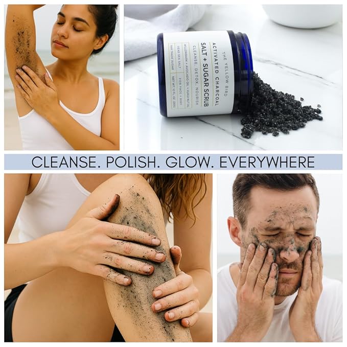 Activated Charcoal Face & Body Scrub – Natural Deep Cleansing Exfoliator for Smooth, Soft Skin – Gentle Salt & Sugar Scrub for Armpit & Foot Detox – For Men & Women – Made in USA