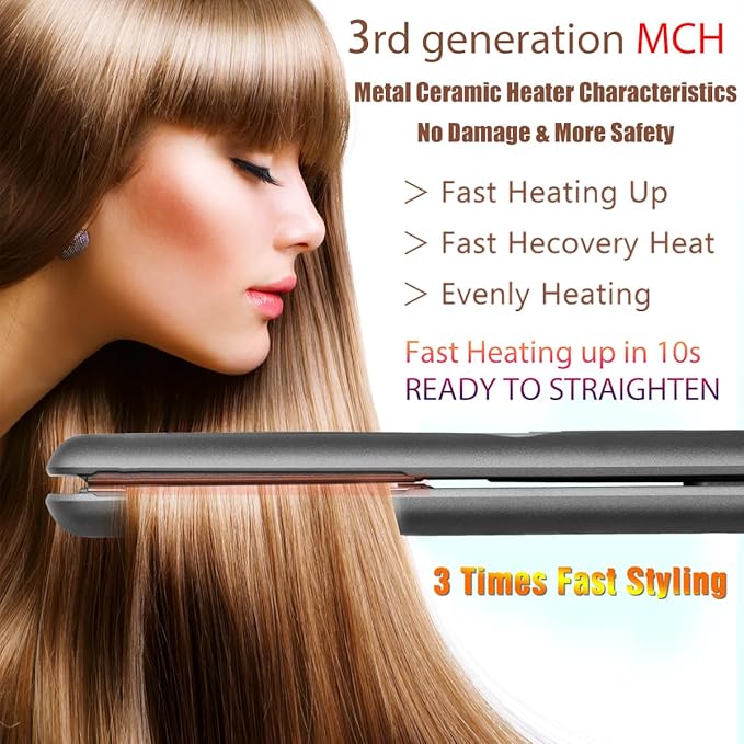 NITION Ceramic Tourmaline Hair Straighteners LCD Flat Iron MCH 10s Fast Heating Up. 1" Smooth 3D Floating Plate Healthy Straightening Tools. Travel Pouch Bag. Dual Voltage. Luxury Gift Box. Black