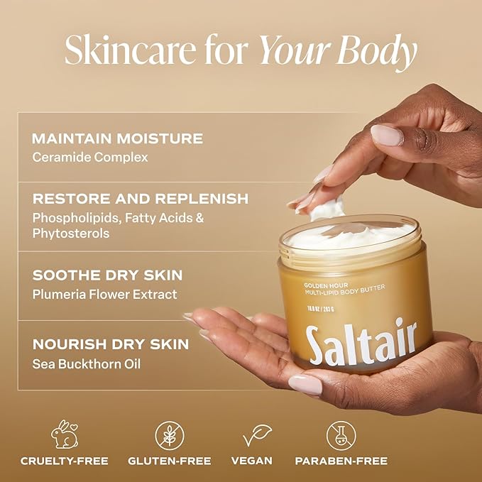 Saltair Multi-Lipid Body Butter - Rich, Nourishing Hydrating Body Cream with Ceramide Complex, Coconut Oil, Shea Butter, and Sea Buckthorn. Moisturizing Dry Skin Care. 10oz Jar - Golden Hour