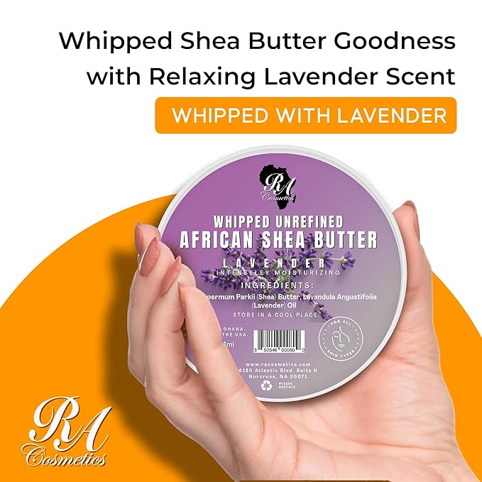 RA COSMETICS Whipped Shea Butter Lavender – 6oz | 100% Pure and Natural African Shea Butter for Men & Women - Ultimate Handcrafted Moisturizer with Essential Vitamins for Radiant Skin & Luscious Hair