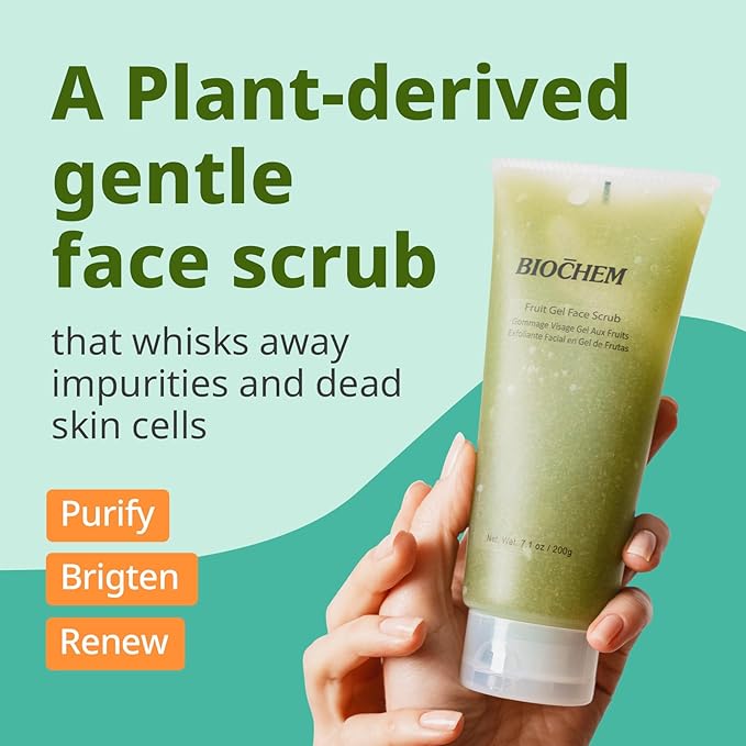 BIOCHEM Fruit Gel Face Scrub, Gentle Face Exfoliator Deep Clean Facial Scrub for black head remover for face, Exfoliating, Smooth, Hydrated, Daily Facial Scrub for All Skin Types (7.1 fl oz / 200 g)