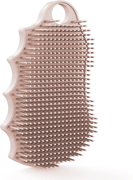 Silicone Body Scrubber Silver-Infused Dual-Sided 3-in-1 for Shower, Body Cleaning+Massage+Exfoliator Body Brush Buffer for Men and Women, Silicone Loofah, Non-Slip Handle (Sand Pink)