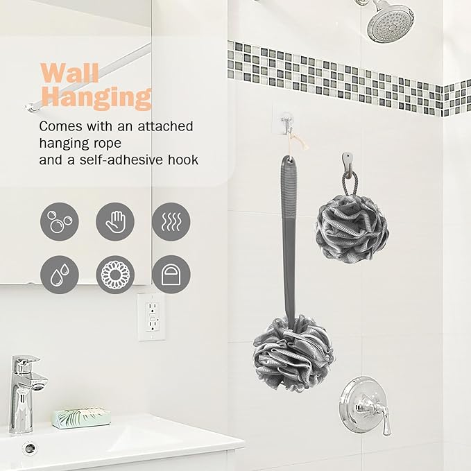 Non-Slip Back Scrubber with 17" Plastic Handle, Hand Shower Loofah & Loofah on a Stick Set, Deep Gray with White Edge