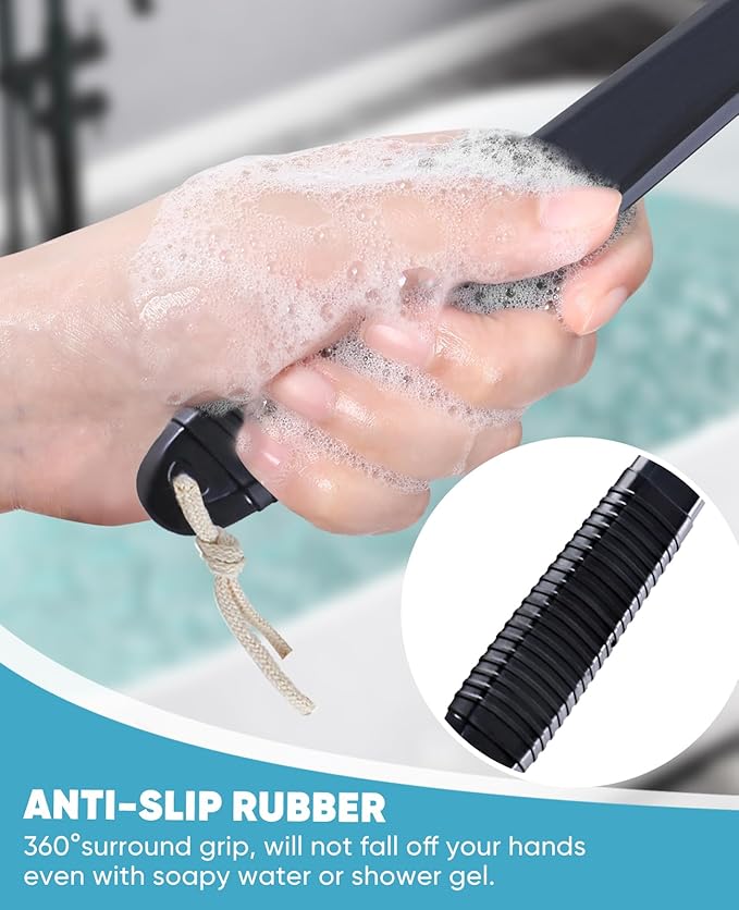 Back Scrubber for Shower with 17" Long Handle, Non-Slip Grip Dry Brushing Body Brush, Natural Boar Bristles Shower Brush for Lymphatic Drainage, Back Brush for Shower Men & Women – Boar Bristles