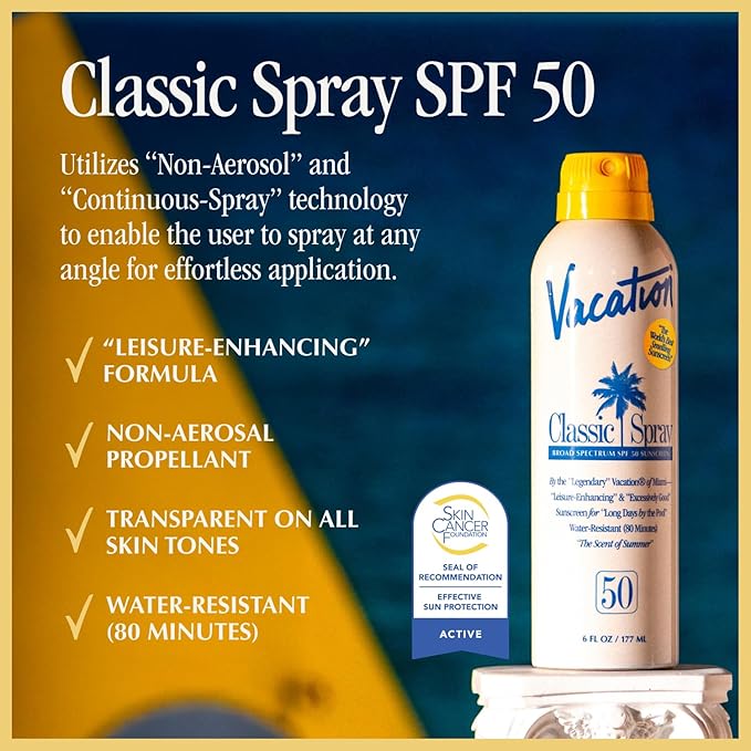 Vacation Classic Sunscreen Spray SPF 50, Water-Resistant, Lightweight, Transparent on All Skin Tones, Dermatologist-Tested, Vegan, 6 Fl. Oz. (Value Pack of 3)