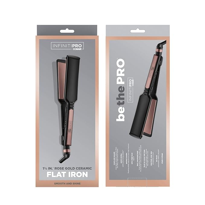 Infiniti PRO CONAIR Rose Gold Ceramic Flat Iron Hair Straightener, 1 1/4-Inch Flat Iron with Extra-Long Plates, Including a Floating Plate, Advanced Heat Technology, Black