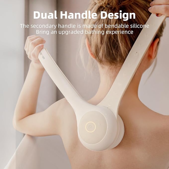 Electric Body Brush Back Scrubber for Shower, Waterproof Long Dual Handle Power Body Scrubber with 3 Heads, Rechargeable Bath Brush & 2 Speeds, for Cleansing, Exfoliating and Massaging Skin