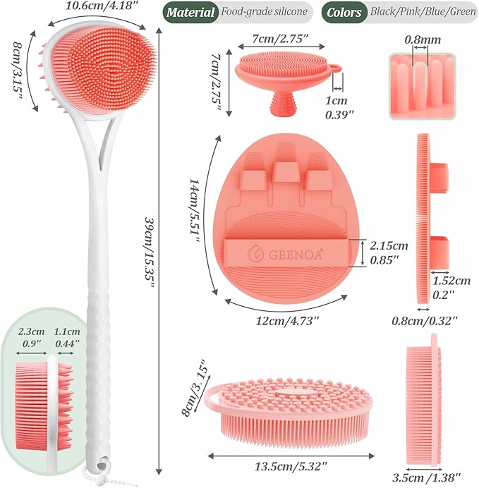 Silicone Back Body Face Scrubbers Set 4PCS, 15.35’’ Back Scrubber Soft Body Scrubber for Dual-Side Usage, Easy-to-Hold Soft Bath Glove & Face Scrubber for Good Foaming Deep Cleaning(Pink)