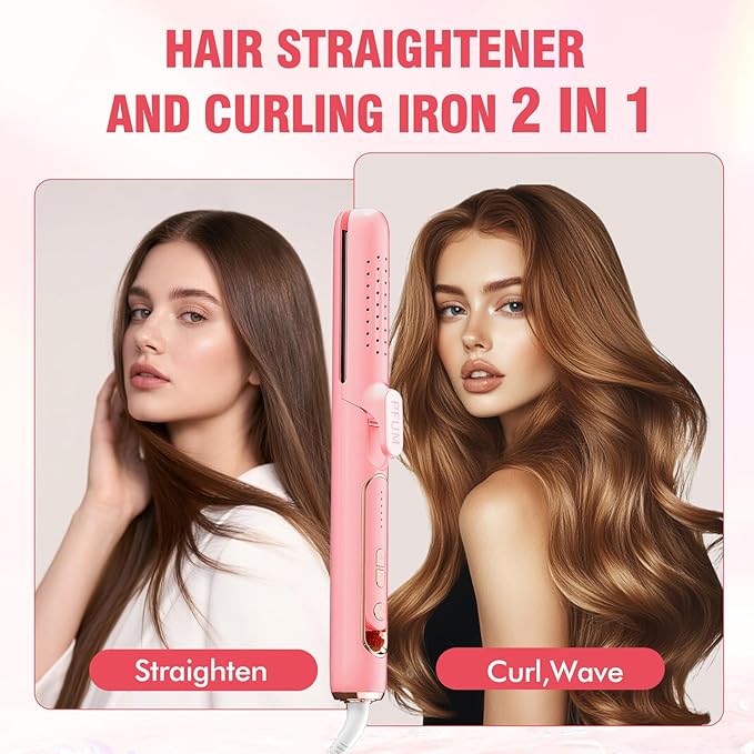 2 in 1 Hair Straightener and Curler, Dual Voltage & Adjustable Temps 360° Curling Wand - Titanium Flat Iron Hair Straightener for Long-Lasting Curls and Straightener, Airflow Styler Curling Iron