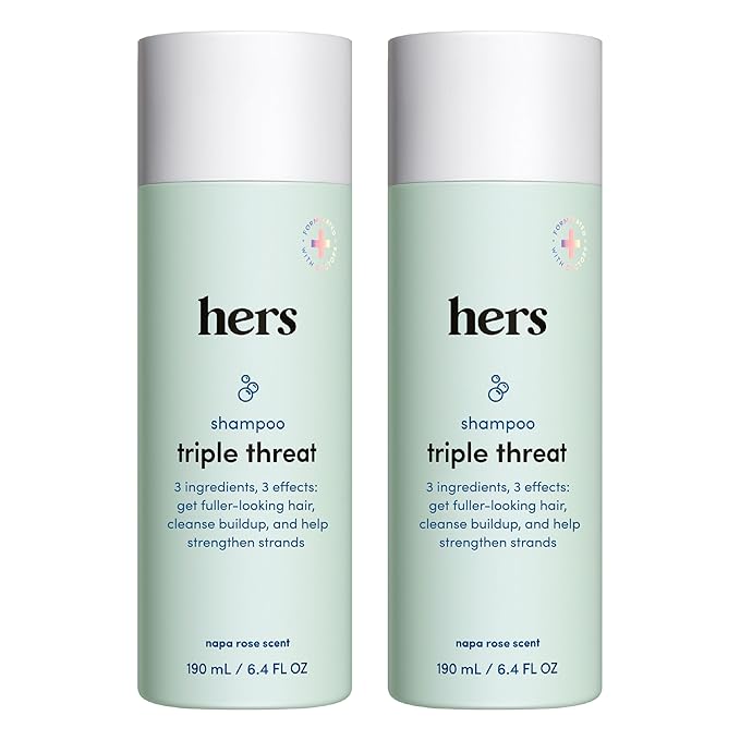 hers triple threat shampoo for hair that feels and looks thicker and stronger with biotin, saw palmetto, pumpkin seed oil, lightly scented with rose, helps control hair shedding, 2 pack, 6.4oz