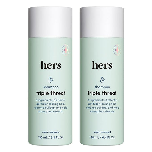 hers triple threat shampoo for hair that feels and looks thicker and stronger with biotin, saw palmetto, pumpkin seed oil, lightly scented with rose, helps control hair shedding, 2 pack, 6.4oz