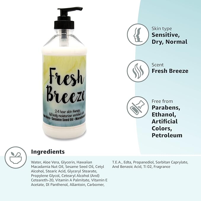 The Lotion Company 24 Hour Skin Therapy Lotion – Full Body Moisturizer with Aloe Vera – Paraben Free, Made in USA – Fresh Breeze Fragrance – 16 oz
