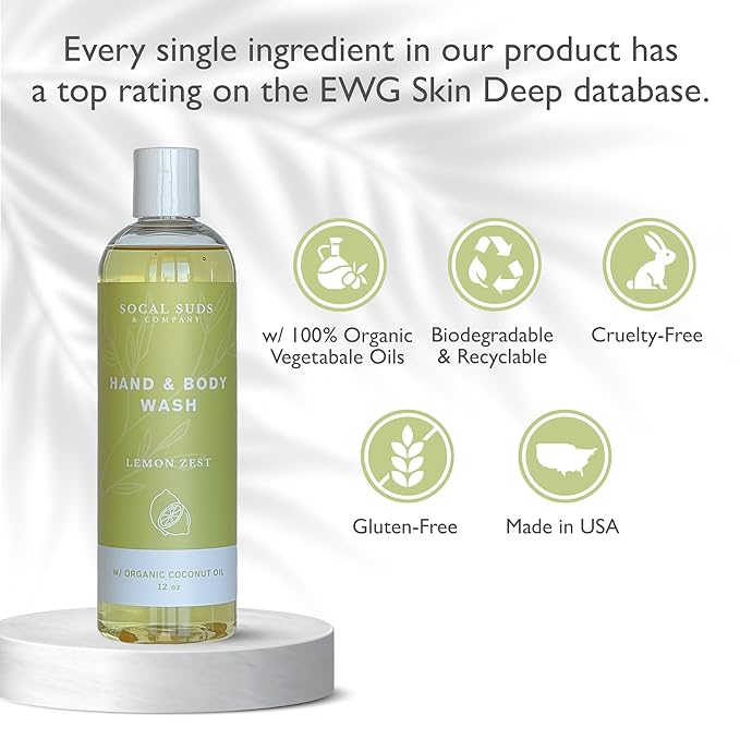 SoCal Suds & Company - 12oz Organic Soap Liquid, Gentle Hand & Body Wash, Organic Body Wash for Men and Women, Made w/Organic Oils & Coconut Oil, Bath Essentials for All Skin Types - Lemon Zest