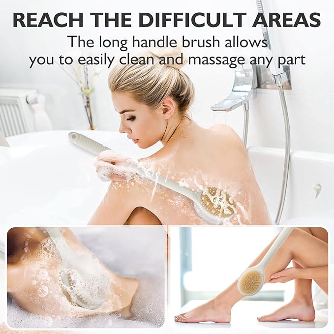 VANZAVANZU 17 Inch Anti-Slip Long Handle Back Scrubber for Shower – Dual-Sided Shower Brush and Shower Back Scrubber with Soft and Stiff Bristles for Wet or Dry Brushing (Cream White)